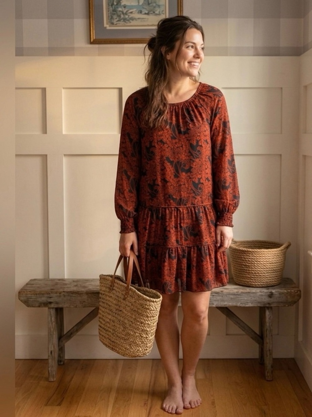 Le Fou‎ Wilfred Red and Black Floral Tiered Long-Sleeve Dress Small Boho